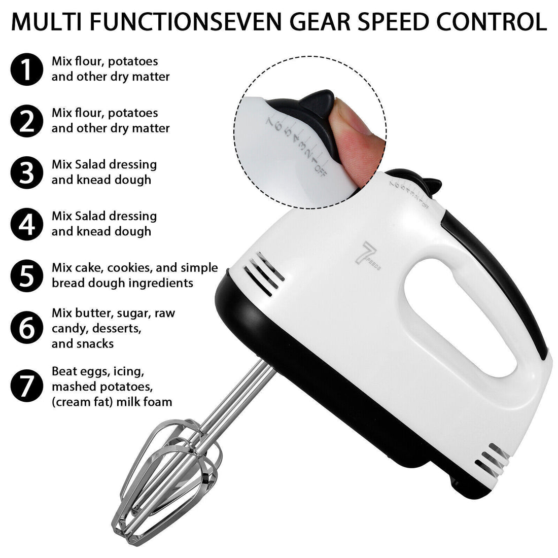 7 Speed Electric Hand Held Mixer Electronic Handheld Whisk Food Blender Egg Cake