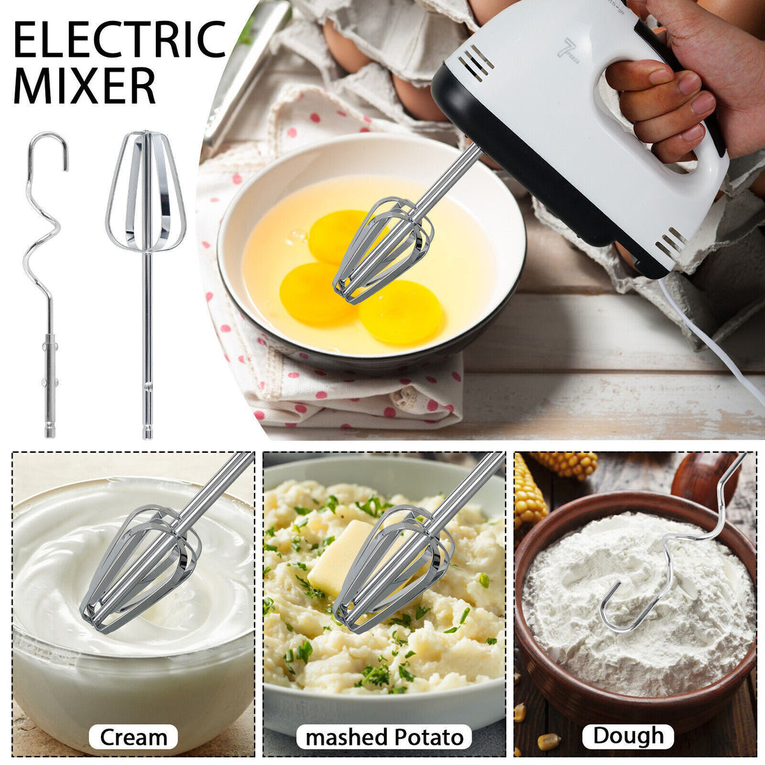 7 Speed Electric Hand Held Mixer Electronic Handheld Whisk Food Blender Egg Cake