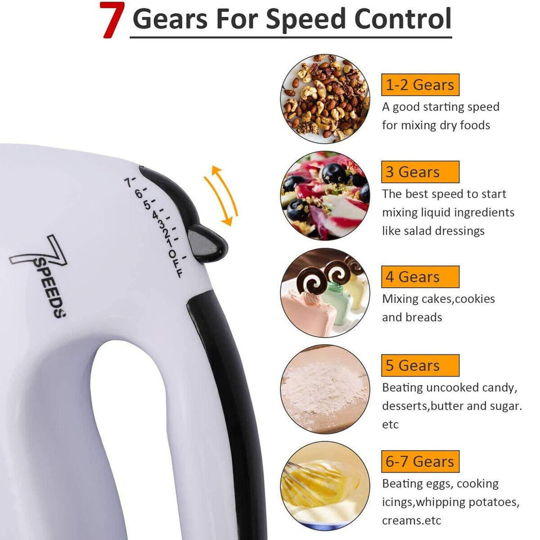 7 Speed Electric Hand Held Mixer Electronic Handheld Whisk Food Blender Egg Cake